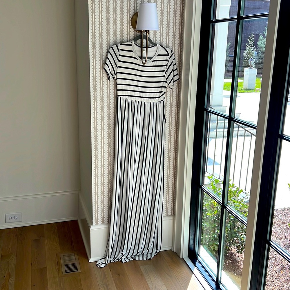 Pink blush black and white striped maxi maternity dress